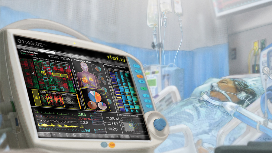 Supine intubated patient next to digital monitor displaying vitals and other health status updates